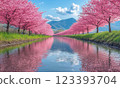 Cherry blossoms in full bloom reflected on the surface of the water 123393704
