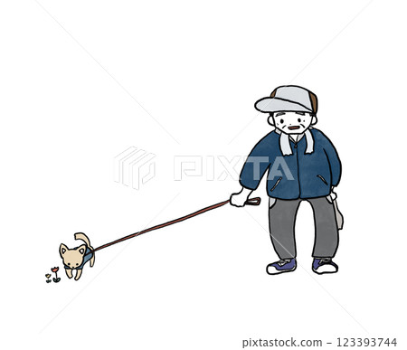 Illustration of an old man walking with a dog Illustration of an old man walking with a dog 123393744