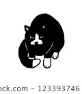 Full-body illustration of a black and white cat sitting facing up 123393746