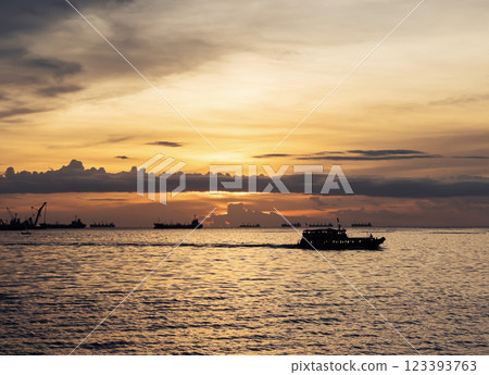 Stunning sunset over calm waters with distant ships at sea near the coastline 123393763