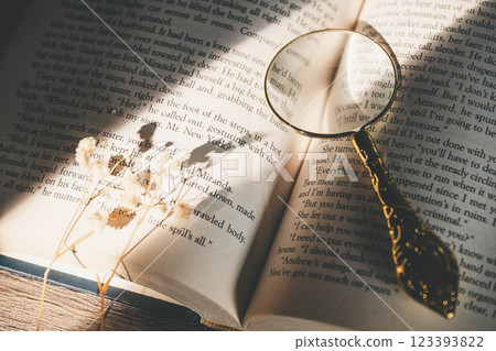 A book with sunlight coming through a window, a magnifying glass and dried flowers A book with sunlight coming through a window, a magnifying glass and dried flowers 123393822