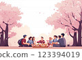 Illustration of men and women enjoying cherry blossom viewing 123394019