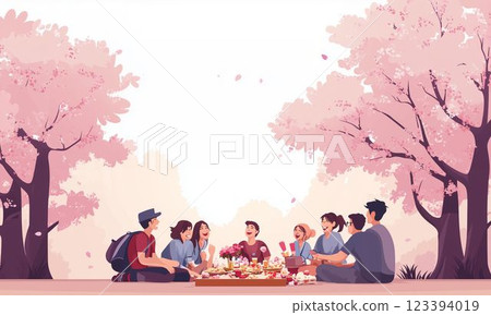 Illustration of men and women enjoying cherry blossom viewing 123394019