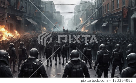Futuristic Dystopian Scene: Military Forces Quelling a Rebellion, Government Control and Dictatorship 123394092