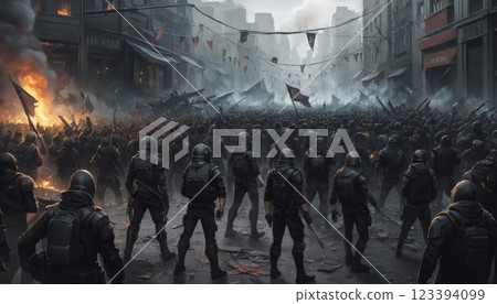Futuristic Dystopian Scene: Military Forces Quelling a Rebellion, Government Control and Dictatorship 123394099
