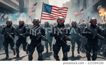 Futuristic Dystopian Scene: Military Forces Quelling a Rebellion, Government Control and Dictatorship 123394100