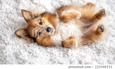 Shetland Sheepdog puppy lying on carpet 123394151