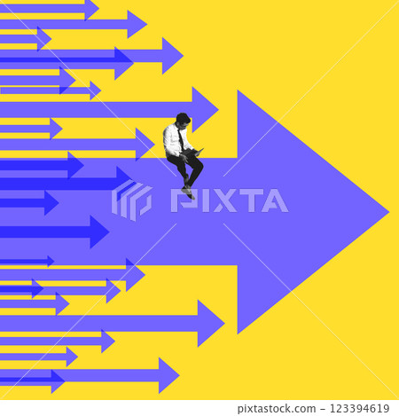 Modern artwork. Businessman sitting on massive arrow leading fleet of smaller arrows against yellow background. Modern artwork. Businessman sitting on massive arrow leading fleet of smaller arrows against yellow background. 123394619