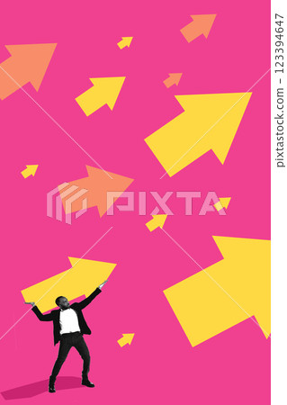 Modern art collage. Businessman holding huge arrow against pink background full of rising arrows. Concept of revenue increase, sales success 123394647