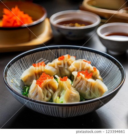 Exquisite Dumplings Garnished with Orange Roe 123394661