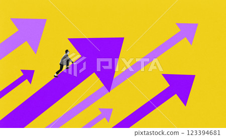 Conceptual design. Entrepreneur climbing financial arrow, striving for success against vibrant yellow backdrop. Concept of sales growth 123394681