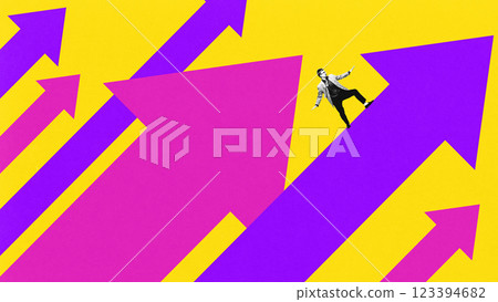 Contemporary art collage. Businessman balancing on large rising arrow amid multiple upward arrows against yellow background. 123394682