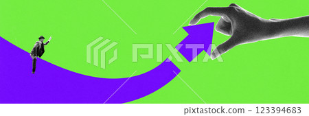 Banner. Modern artwork. Man pointing forward while giant hand places puzzle arrow on pathway against green background. Concept of business growth 123394683