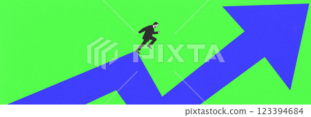 Banner. Conceptual art collage. Businessman sprinting upward on financial arrow against green backdrop, symbolizing rapid economic growth. 123394684