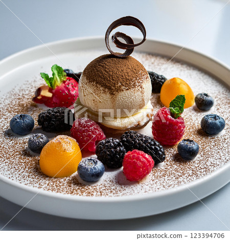 A beautifully presented dessert features fresh berries chocolate curl and ice cream on a white plate 123394706