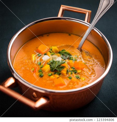 Vibrant Orange Soup in Copper Pot 123394806