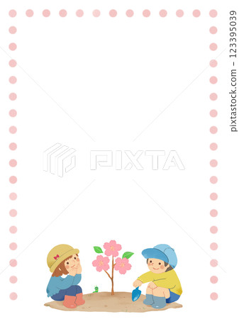 Boy and girl planting cherry blossoms A4 pink 123395039
