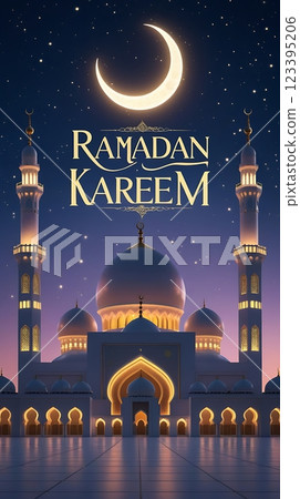 Ramadan Kareem Illuminated Mosque Under a Crescent Moon 123395206