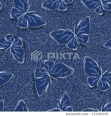 Seamless abstract denim pattern with flying butterflies with spread wings. Random composition. Grunge boho style. Dotted textured background. 123395295