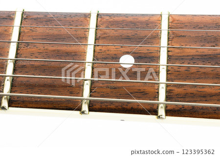 Close-up of an electric guitar fingerboard against a white background Close-up of an electric guitar fingerboard against a white background 123395362