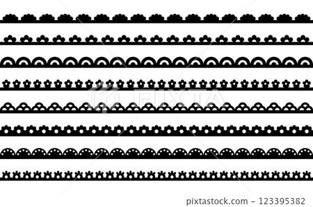 Scallop lace line. Frame border with pattern. Ribbon with ornament on fabric. Set of vector illustrations with stripes isolated on white background. 123395382