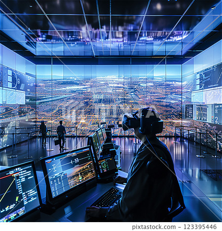 Futuristic control room with VR technology and advanced digital interfaces. High quality photo 123395446