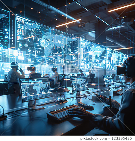Futuristic control room with VR technology and advanced digital interfaces. High quality photo Futuristic control room with VR technology and advanced digital interfaces. High quality photo 123395450