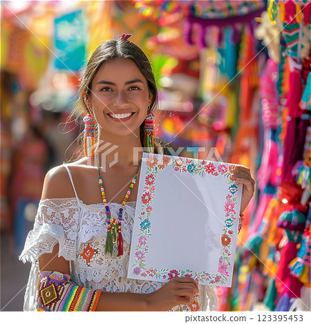 Smiling woman in colorful market holding a decorative blank paper frame. High quality photo 123395453