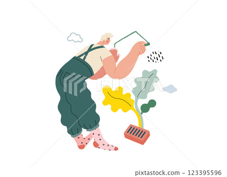 Life Unframed: Painter -modern flat vector concept illustration of a man drawing a house on the wall. Metaphor of unpredictability, imagination, whimsy, cycle of existence, play, growth and discovery 123395596