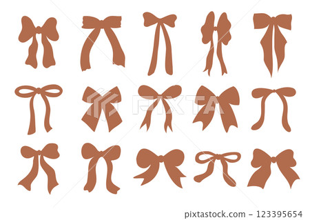 Set of various cartoon bow knots, gift ribbons. Trendy hair braiding accessory. 123395654