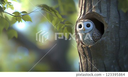 3D cartoon owl in tree hole 123395864