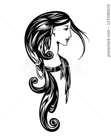 tribal shaman woman with long hair black and white vector portrait 123396029