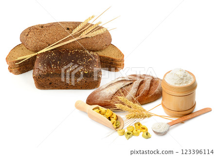 Organic wholemeal bread, flour and ravioli isolated on white background. Organic wholemeal bread, flour and ravioli isolated on white background. 123396114