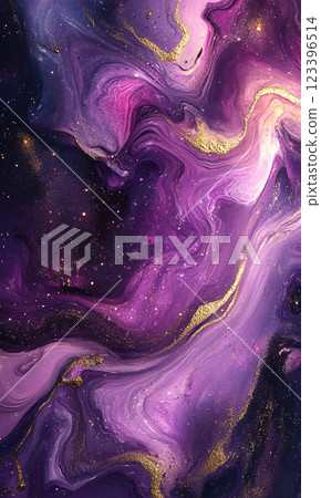 Abstract Pink, White, Black, Purple Marble Texture With Gold Accents Flowing In Artistic Design 123396514