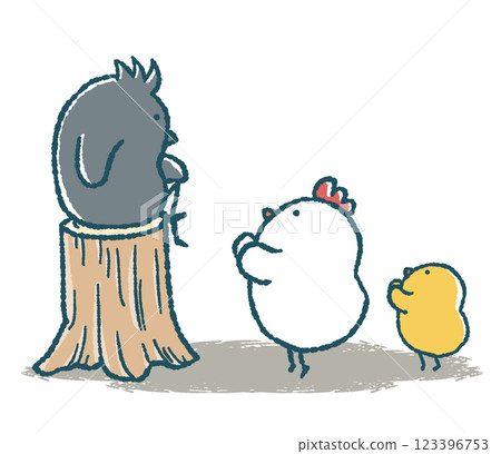 一隻走失的雞和它的小雞向烏鴉鞠躬 123396753