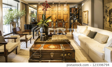 Elegant living room with vintage decor and modern furnishings 123396794