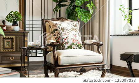 Elegant vintage armchair in cozy living room with floral cushion and indoor plants 123397058
