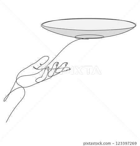 Continuous one line drawing of hand holding empty plate. Single line vector illustration. 123397269