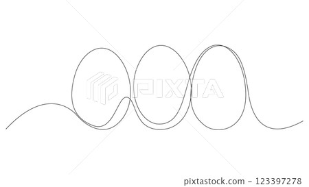 Continuous one line drawing of three eggs. Black and white minimalist line design element for Easter holidays. Vector illustration, editable stroke. Continuous one line drawing of three eggs. Black and white minimalist line design element for Easter holidays. Vector illustration, editable stroke. 123397278