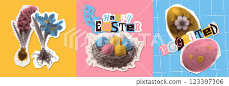 Happy Easter compositions set. Collection festive pop art mixed media collages. Card, cover, poster collection in modern bright abstract style with eggs, nest, flowers. Vector holiday illustration. 123397306