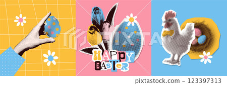 Happy Easter modern retro art collage square cards set. Trendy greeting cards with cut out of magazine shapes. Halftone hand holding Easter egg, chicken, nest with eggs. Vector illustration 123397313