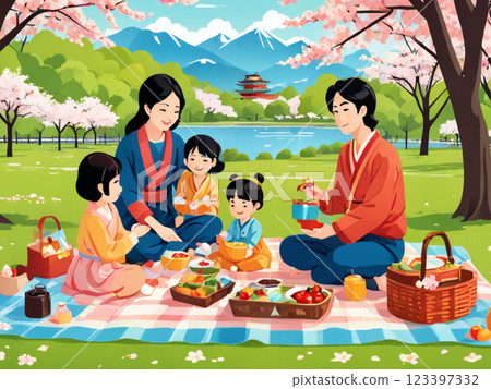 Spring picnic (picnic sheet and lunch box) 123397332