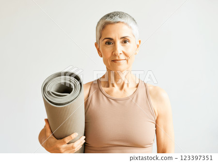 Mature female holding yoga mat with confident expression 123397351
