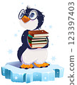 Teacher bird penguin standing on ice floe and holding stack of books 123397403