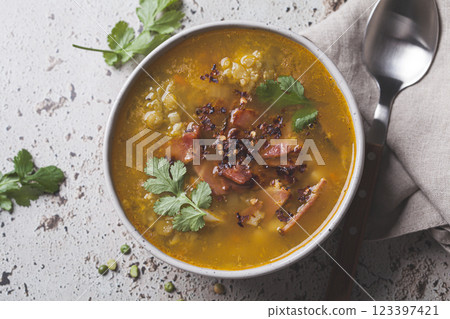 Split pea soup with ham. 123397421