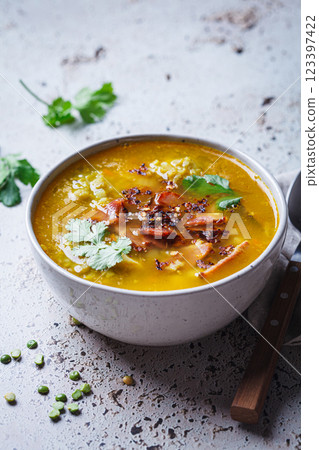 Split pea soup with ham. Split pea soup with ham. 123397422