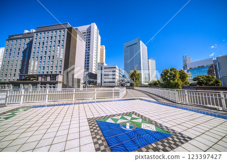 Yokohama cityscape in Japan, overlooking Sakuragicho Station's New South Exit (City Hall Exit) and Yokohama City Hall 123397427