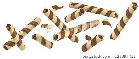 Waffle rolls, striped chocolate and vanilla wafer sticks isolated on white background, full depth of field, package design element Waffle rolls, striped chocolate and vanilla wafer sticks isolated on white background, full depth of field, package design element 123397432