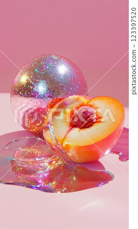 Peach slice with sparkling orb on pink background, abstract glossy art. Modern fruit and glamour concept Peach slice with sparkling orb on pink background, abstract glossy art. Modern fruit and glamour concept 123397520