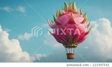 Hot air balloon shaped like a dragon fruit with bright sky backdrop, whimsical travel concept Hot air balloon shaped like a dragon fruit with bright sky backdrop, whimsical travel concept 123397542